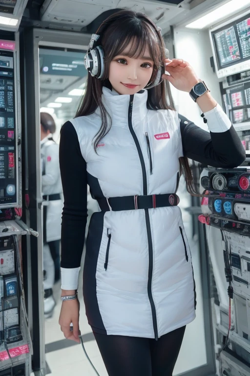 masterpiece, Highest quality, Very detailed, 8K Portrait,Japanese Android Girl,plump , Control panel,Robotic arms and legs, Blunt bangs,,break (Metallic Gray, Metallic luster, Mirror finish, Astro Best):5,headphone:5,break (Black sleeves):100,Smart Watches,Futuristic space station,Control Room,break headphone,blue eyes,(Black Hair):2,(Long Hair):1.3,Displaying the viewer,(respirator),break blush:3,Hidden Hand,smile