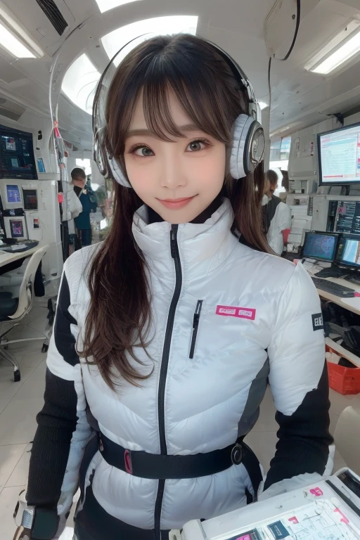 masterpiece, Highest quality, Very detailed, 8K Portrait,Japanese Android Girl,plump , Control panel,Robotic arms and legs, Blunt bangs,,break (Metallic Gray, Metallic luster, Mirror finish, Astro Best):5,headphone:5,break (Black sleeves):100,Smart Watches,Futuristic space station,Control Room,break headphone,blue eyes,(Black Hair):2,(Long Hair):1.3,Displaying the viewer,(respirator),break blush:3,Hidden Hand,smile