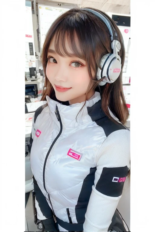 masterpiece, Highest quality, Very detailed, 8K Portrait,Japanese Android Girl,plump , Control panel,Robotic arms and legs, Blunt bangs,,break (Metallic Gray, Metallic luster, Mirror finish, Astro Best):5,headphone:5,break (Black sleeves):100,Smart Watches,Futuristic space station,Control Room,break headphone,blue eyes,(Black Hair):2,(Long Hair):1.3,Displaying the viewer,(respirator),break blush:3,Hidden Hand,smile