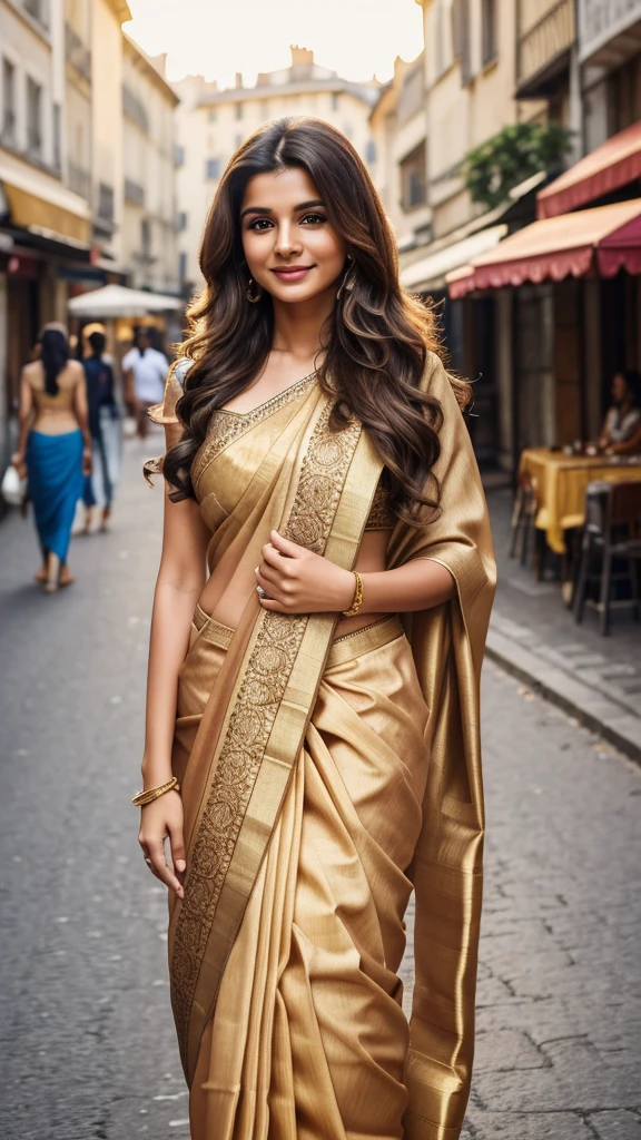 A young-aged Caucasian happy woman with long brown wavy hair, saree, and posing for a headshot against a bright street background, trending on artstation, portrait, digital art, modern, sleek, highly detailed, formal, determined, wearing saree, in venisce city france, 36D , fairy tone, fair skin, flirty gaze,
