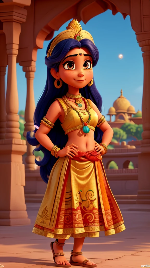 Generate a detailed description of India personified as a Disney character with a realistic image representation, showcasing a blend of traditional Indian attire, intricate jewelry, henna tattoos, and elements symbolizing unity in diversity such as a depiction of varied landscapes or cultural landmarks. Capture India's vibrant colors, rich cultural heritage, and warmth in a way that resonates with a global audience.