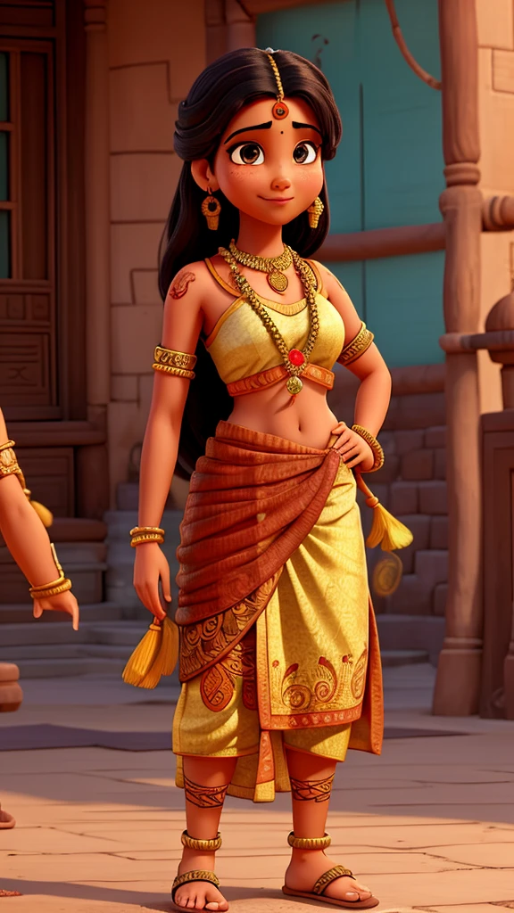 Generate a detailed description of India personified as a Disney character with a realistic image representation, showcasing a blend of traditional Indian attire, intricate jewelry, henna tattoos, and elements symbolizing unity in diversity such as a depiction of varied landscapes or cultural landmarks. Capture India's vibrant colors, rich cultural heritage, and warmth in a way that resonates with a global audience.