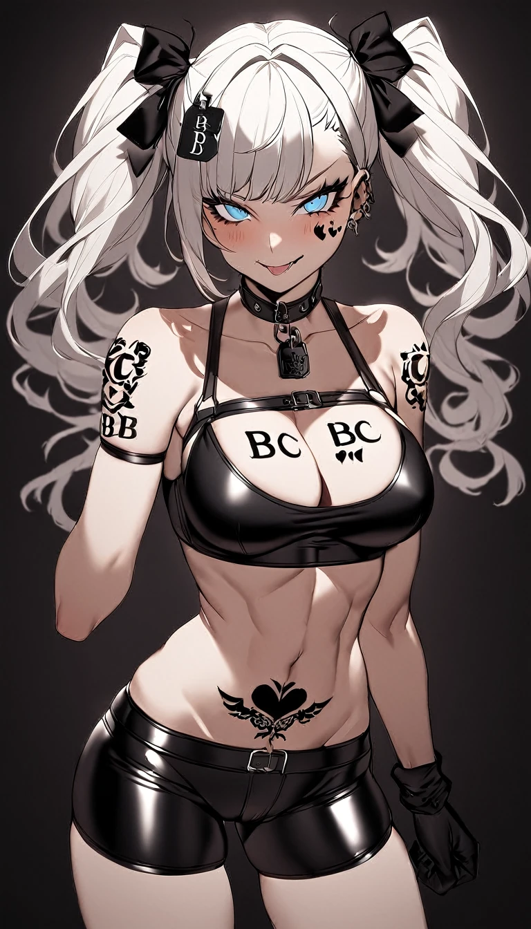 1 Girl, ((Black Sports Bra With Large White Trim, Black Sports Shorts With Large White Trim, Letters "Blacked")), Medium Breasts, Blue Eyes, Nice Eyes, Platinum White Hair, Twin Tail Hair Style, Pale White Skin, Smooth Skin, Face Freckles, Leather Straps on Thighs, Nice Cleavage, Slutty, Sexy, Sassy, Smirking, Tease, Teasing, Close Up, Upper Body Shot, Teasing, Sexy Pose, ((Blacked Fetish, Blacked Tags, Blacked Tattoos, Lots of Tattoos, Blacked Kink, Black Spade Tattoo, Covered In Tattoos, Black Tattoos, B B C Tattoos, Black Owned Tattoos, Black Fist Tattoos, Black Owned, The Word Blacked Tattooed, The Letters B B C Tattooed, Stomach Tattoos, Womb Tattoo, Face Tattoos, Fetish Tattoos, Breast Tattoos, Black Lock Tattoo, Black Spade Tattoo, Letters BBC Tattoo, ))