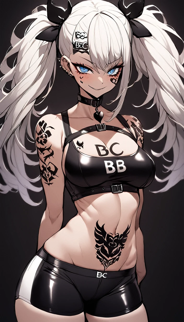1 Girl, ((Black Sports Bra With Large White Trim, Black Sports Shorts With Large White Trim, Letters "Blacked")), Medium Breasts, Blue Eyes, Nice Eyes, Platinum White Hair, Twin Tail Hair Style, Pale White Skin, Smooth Skin, Face Freckles, Leather Straps on Thighs, Nice Cleavage, Slutty, Sexy, Sassy, Smirking, Tease, Teasing, Close Up, Upper Body Shot, Teasing, Sexy Pose, ((Blacked Fetish, Blacked Tags, Blacked Tattoos, Lots of Tattoos, Blacked Kink, Black Spade Tattoo, Covered In Tattoos, Black Tattoos, B B C Tattoos, Black Owned Tattoos, Black Fist Tattoos, Black Owned, The Word Blacked Tattooed, The Letters B B C Tattooed, Stomach Tattoos, Womb Tattoo, Face Tattoos, Fetish Tattoos, Breast Tattoos, Black Lock Tattoo, Black Spade Tattoo, Letters BBC Tattoo, ))