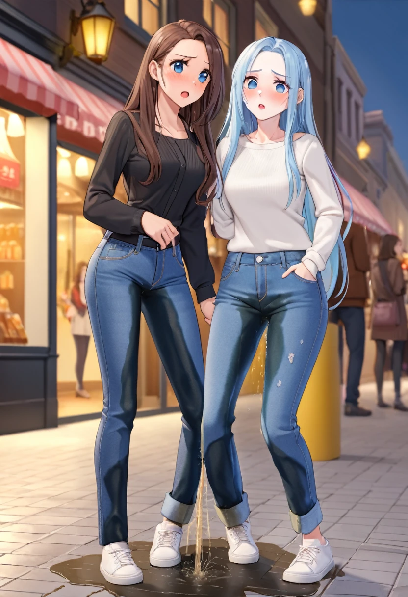 ((best quality, masterpiece:1.3, 8K)), (detailed), highly detailed face and skin texture, detailed eyes, downtown, full body, slender body, 2girls, 25 years old, white skin, bright lips, scared, worried, embarrassed, panicking, long hair, (forehead:1.0), jeans pants, flares jeans, blue jeans, peeing jeans, peeing pants, pee stain, (wetting herself:1.5, desperation:1.5),