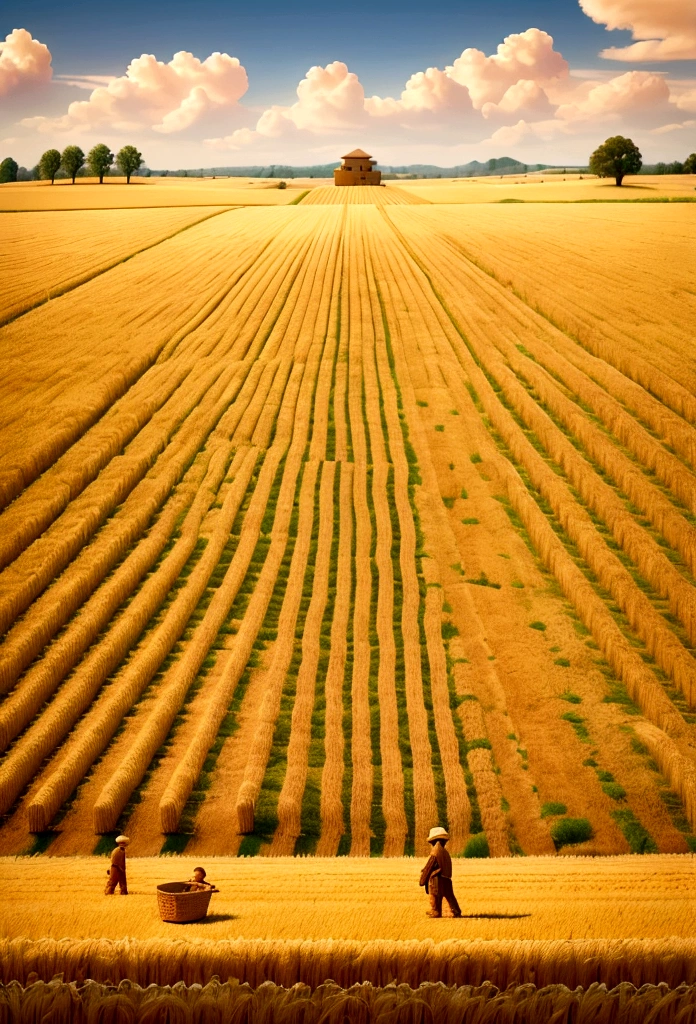 Field of Boaz, as described in the scriptures, a wheat harvest takes place, with workers dressed according to the season and the calm setting and the sun that gives a special touch to the scene
