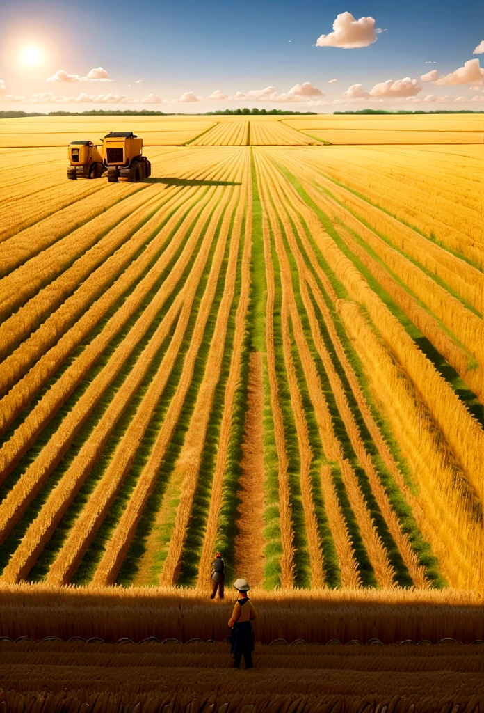 Field of Boaz, as described in the scriptures, a wheat harvest takes place, with workers dressed according to the season and the calm setting and the sun that gives a special touch to the scene