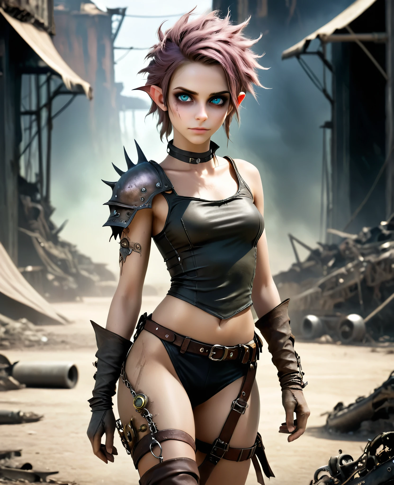 cute elf, (teenage elf with extremely cute eyes)), (((elf))), ((((high resolution))), (((extremely detailed))), ((masterpiece)), looks like Aerith Gainsborough, dramatic shadows, depth of field, analog photo style, (world in which are collide steampunk and postapocalyptic vibes), postapocalyptic cute female in steampunk aesthetic, torn dirty clothes, depth of field, full body shot, unzoomed, (perfect body: 1.4), (sidecut short hairstyle), (stalking is quite common, although not the best way to make a living), stylized atmosphere of unreality, dark atmosphere, dynamic pose, in motion, Armageddon, increase cinematic lighting, highly lifelike skin texture, parted lips, weary eyes, fine eyes, whitened skin, random hair colour, doomsday aura, (Mad Max world), (The Walking Dead world)