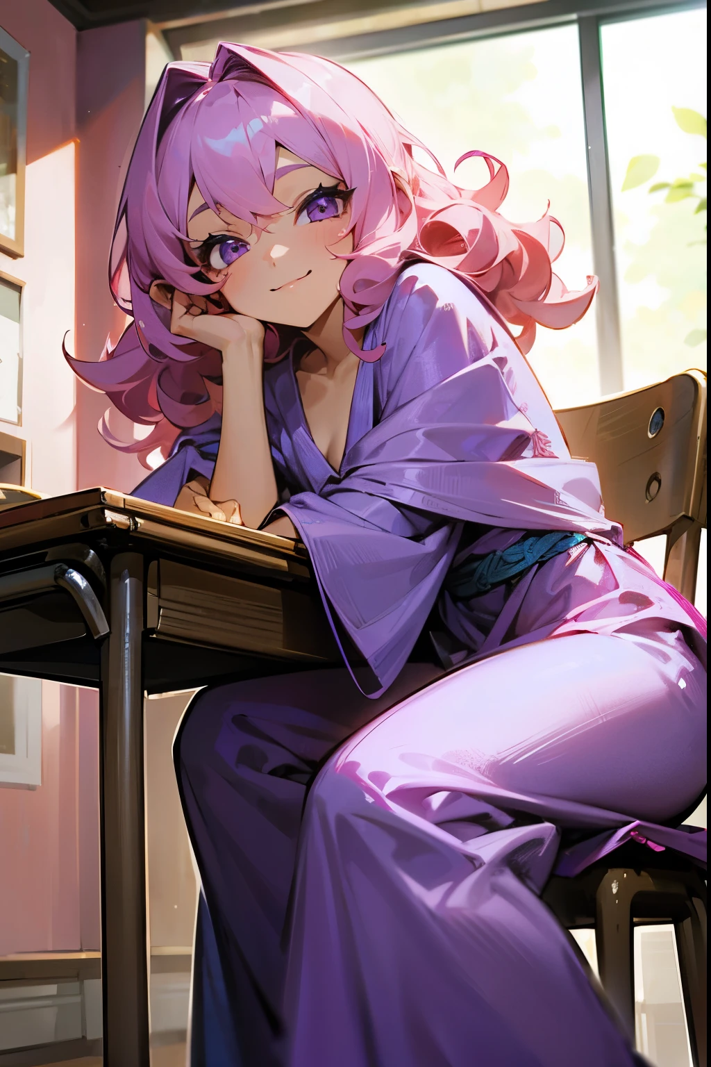 1Female, Pink Hair, , Curly Hair, Silver and Blue Robe, Casual Clothing, Purple Eyes, Cheerful Expression, , Expert Strategist, Teenager, Classroom Background, Sitting on a Chair