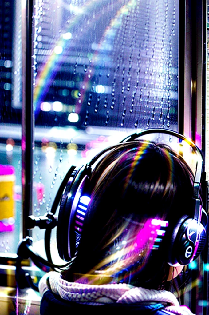 Picture a girl listening to music while it rains outside horizontal 16:9 