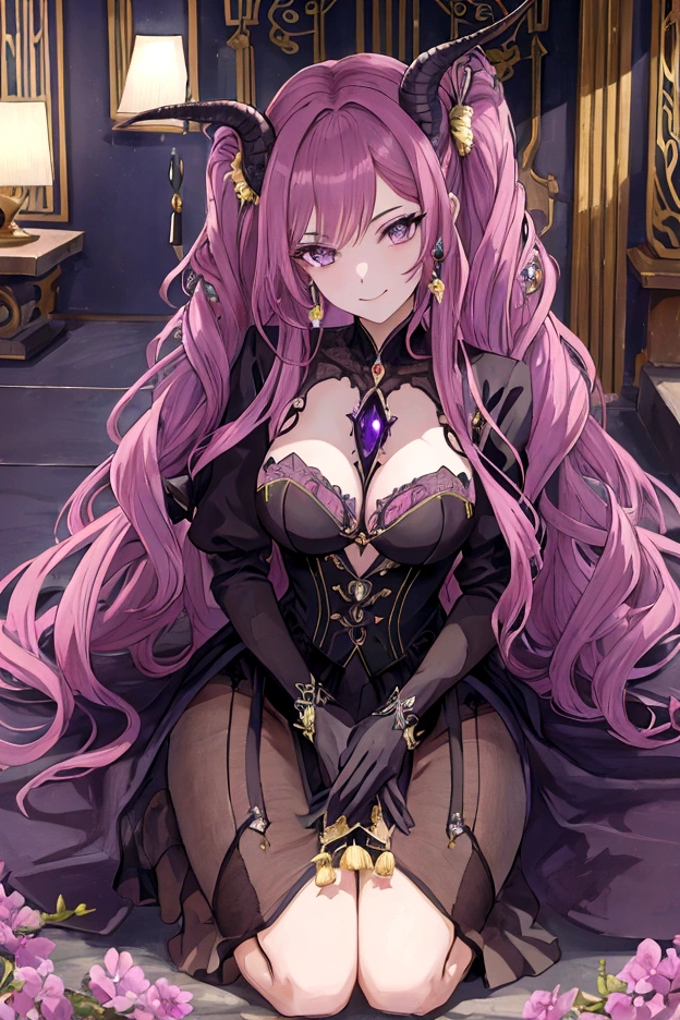 Couverture du magazine, Anime, femme adulte, seulement, cheveux longs, cheveux roux, yeux violets, deux cornes, corne de dragon, corne noire, corne complexe, femme dragon, Modèle, Beau, fantaisie, vetements décontractés. accessoires pour cheveux. Coiffures inhabituelles. des boucles d'oreilles. sourire. salutation. oreilles pointues. portrait demi-corps.
