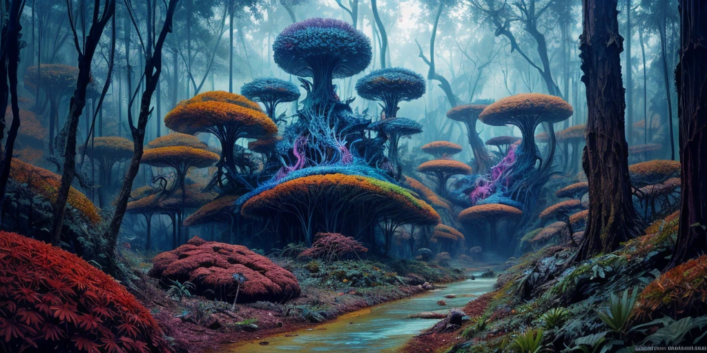 surreal lush forest mixed media, a (Paul Lehr Bernie Fuchs) magical fantasy designed, vivid colours, cryptic, mystical, flowing organic pop surrealism by james jean, roby dwi antono, ross tran, steven kenny, paul neberra, ashley wood, atmospheric, trending on artstation. 8 k masterpiece, fluid, filigree, smoke,