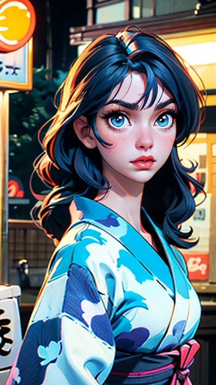 a beautiful young woman in a traditional japanese yukata walking down a street in tokyo, japan with japanese signs and shop fronts, highly detailed, 4k, photorealistic, warm lighting, vibrant colors, beautiful detailed eyes, beautiful detailed lips, extremely detailed face, long eyelashes, cinematic, masterpiece, 4k, ultra realistic