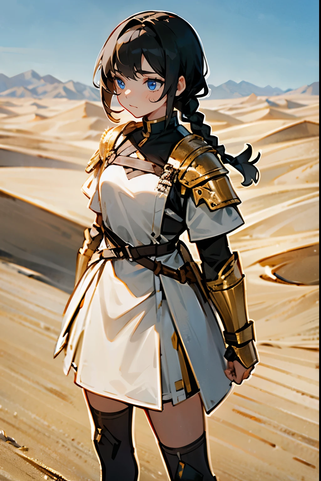 1Female, Black Hair, White Dress, Braided Hair, Golden and Black Armor, Combat Clothing, Blue Eyes, Calm Expression, Athletic, Healer, Young Adult, Desert Background, Standing on Sand Dunes