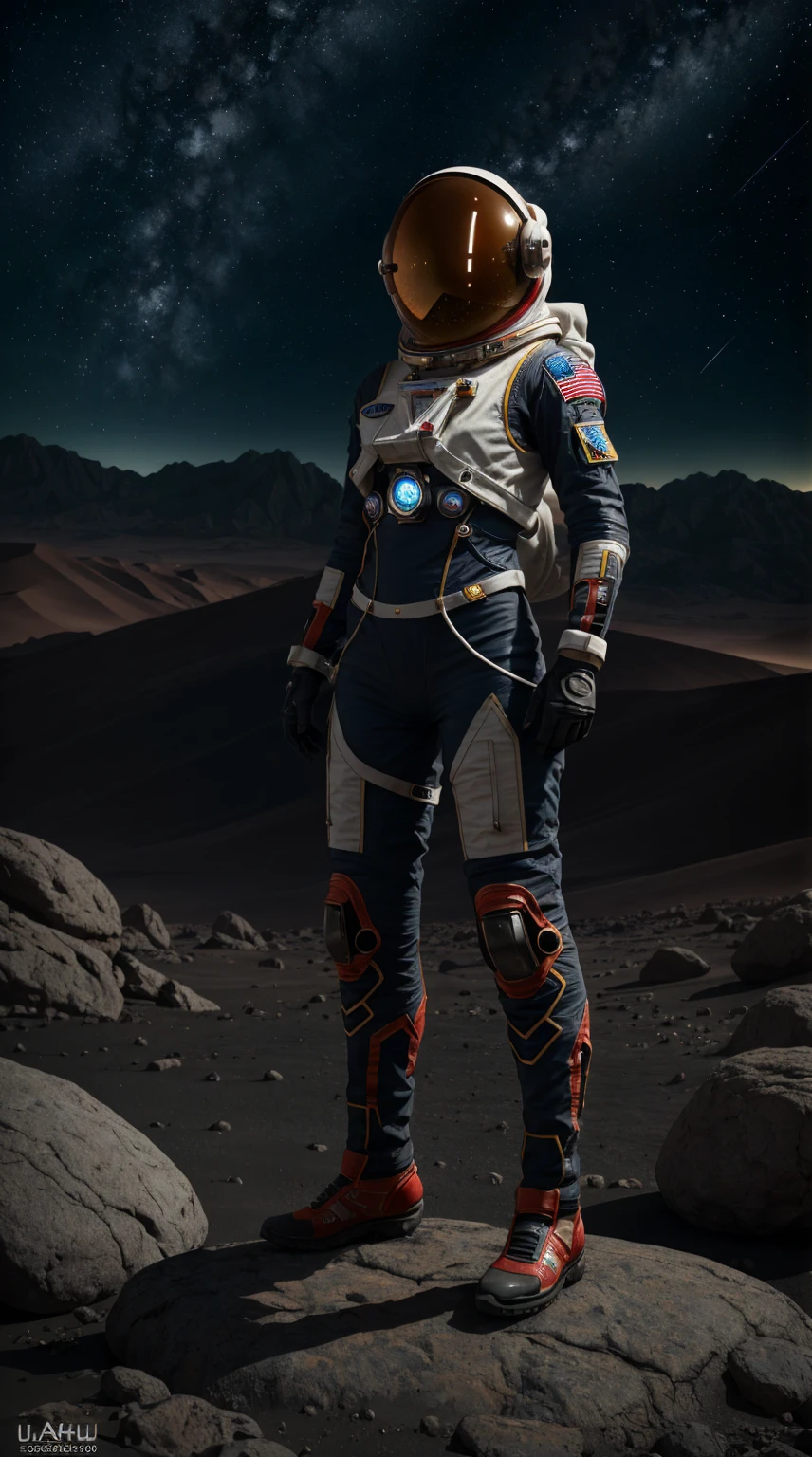 a woman in a futuristic spacesuit, astronaut helmet, standing on Martian rocks, twinkling stars in the distant sky, (best quality, 4k, 8k, highres, masterpiece:1.2), ultra-detailed, realistic, photorealistic, photo-realistic:1.37, HDR, UHD, studio lighting, ultra-fine painting, sharp focus, physically-based rendering, extreme detail description, professional, vivid colors, bokeh, science fiction, concept art