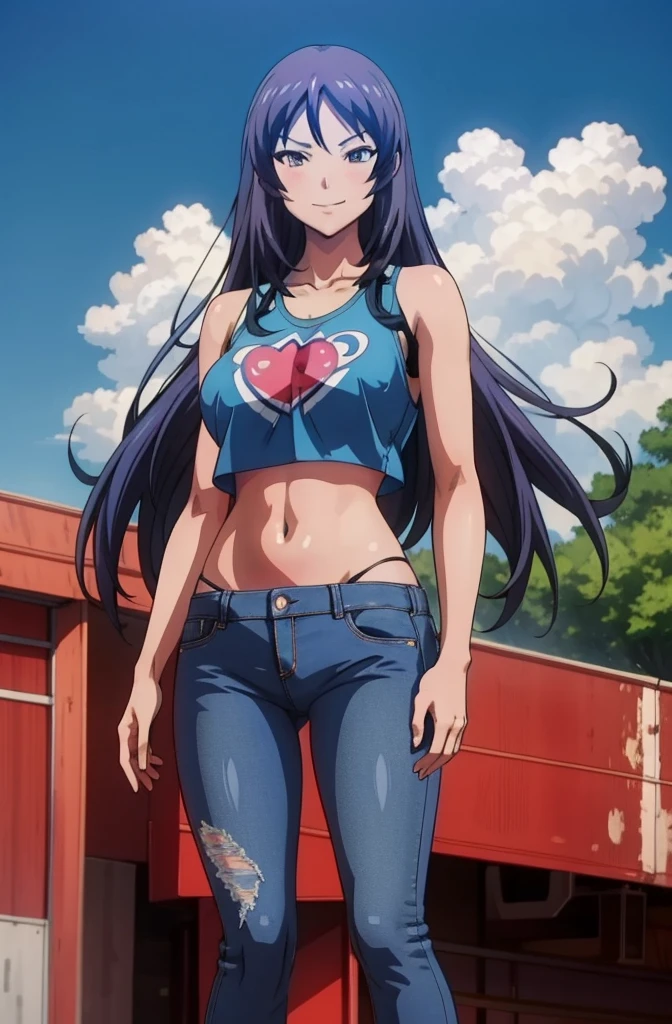 (masterpiece, best quality), outdoors, standing, looking at viewer, smirk, fwkyouko, Skinny jeans, sneakers, crop top
