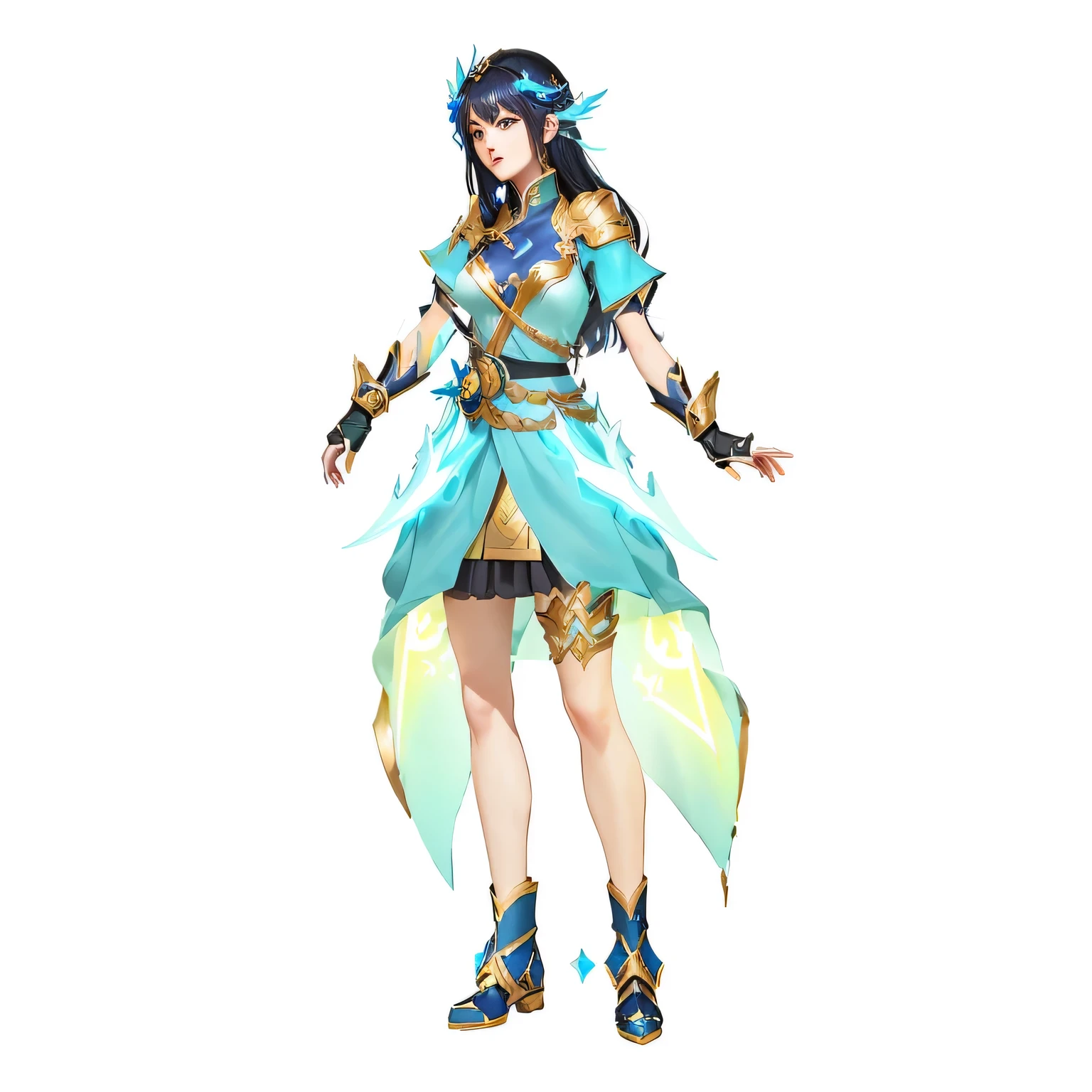 anime character dressed in blue and gold outfit with a sword, clear outfit design, new costume concept design, full body adoptable, black - haired mage, full body concept, senna from league of legends, full body xianxia, knights of zodiac girl, human :: sorceress, natalie from epic battle fantasy, maya ali as a lightning mage, outfit design
