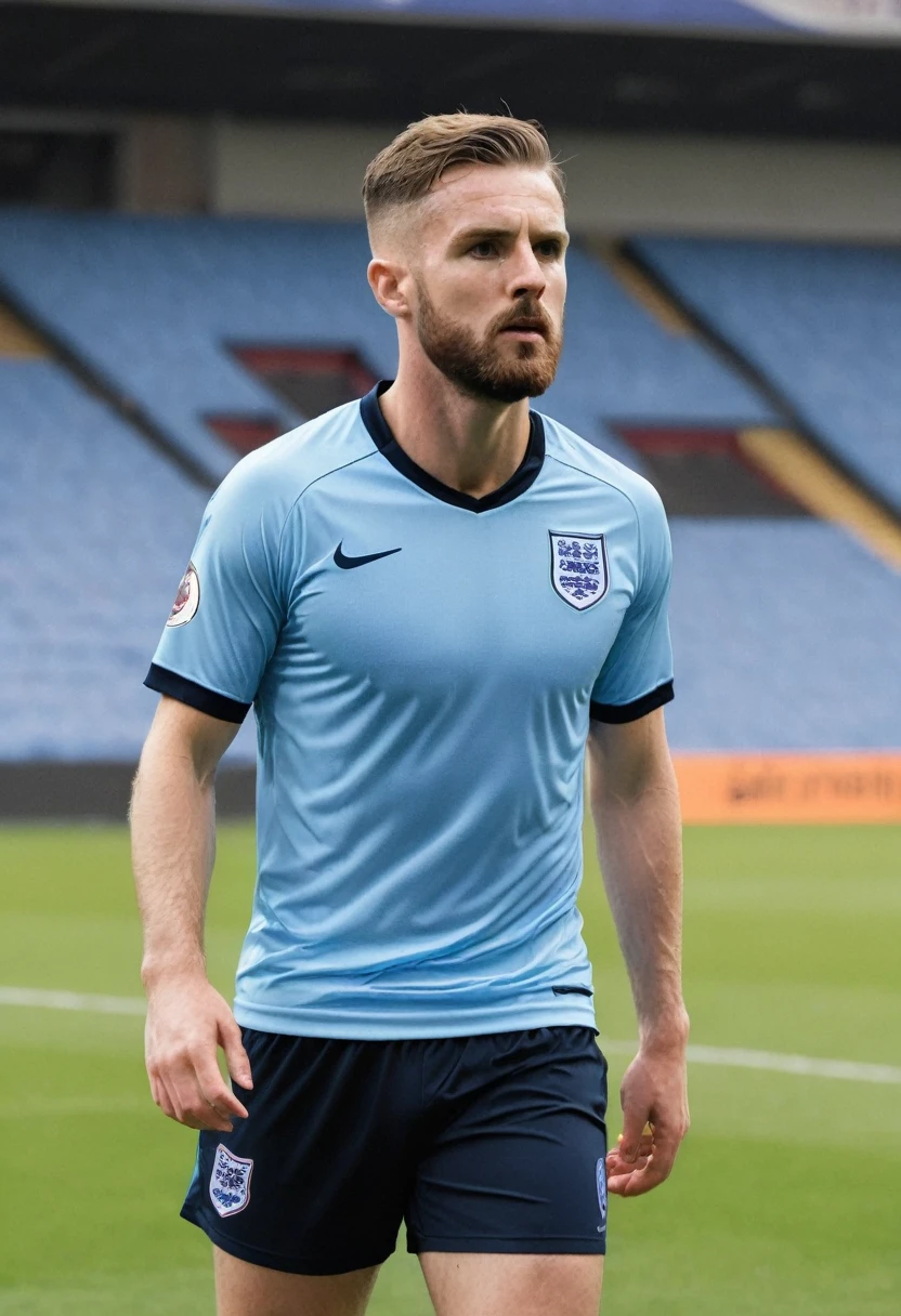 An English national football player wearing a blue uniform and black shorts