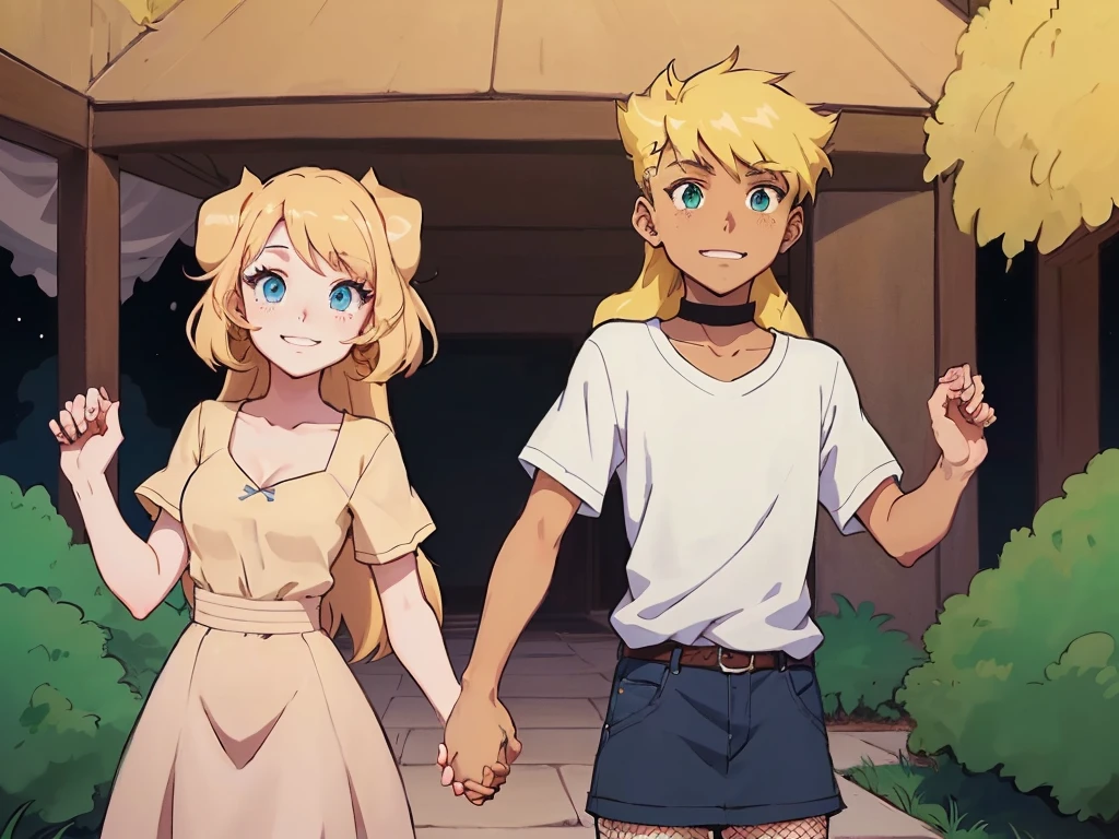 anime - style picture of a couple of young people walking in front of a house, loish |, in the art style of 8 0 s anime, official fanart, high quality fanart, holding hands, genderswap, official art, detailed fanart, they are siblings, cel - shaded art style, loish van baarle, sunset!, holding hands in the moonlight