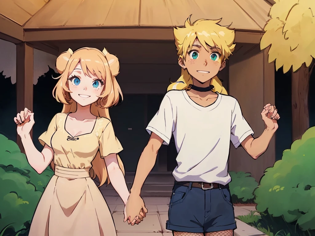 anime - style picture of a couple of young people walking in front of a house, loish |, in the art style of 8 0 s anime, official fanart, high quality fanart, holding hands, genderswap, official art, detailed fanart, they are siblings, cel - shaded art style, loish van baarle, sunset!, holding hands in the moonlight