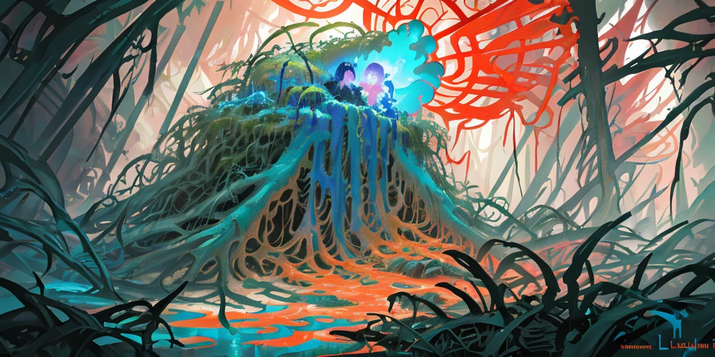 surreal lush forest mixed media, a (Paul Lehr Bernie Fuchs) magical fantasy designed, vivid colours, cryptic, mystical, flowing organic pop surrealism by james jean, roby dwi antono, ross tran, steven kenny, paul neberra, ashley wood, atmospheric, trending on artstation. 8 k masterpiece, fluid, filigree, smoke,