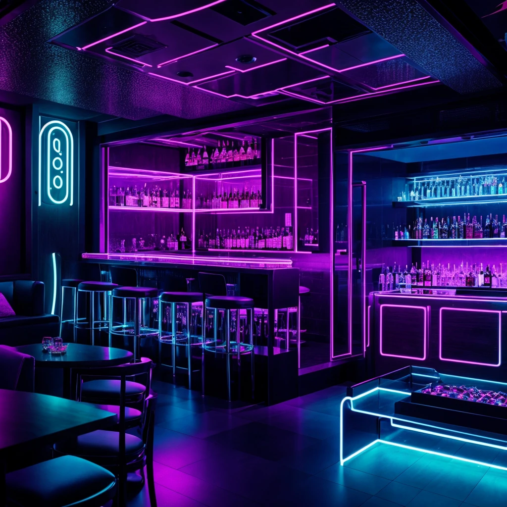 nightclub, neon lighting, luxurious and sophisticated ambience