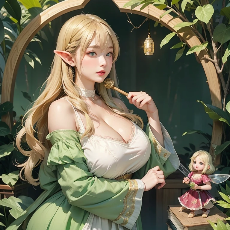 Female in her 20s, 2 women:2.0、Official Art, Unity 8k Wallpaper, Ultra Detailed, beautiful、Aesthetic, masterpiece, Top quality, Photorealistic, Female Elf、Dark green eyes、Blonde hair、braid:2.0、Pointed ears、Dark green clothing、Light green top、Gold brooch、Gold hair accessories、Big wand:2.0、Big Bag、Depth of Field, Awesome atmosphere, Calming color palette, Peaceful Mood, Soft shadows、Ruins in the forest、Ruins covered with vegetation、Crumbling stone statue、Green Trees々、beautiful风景、Fat woman、Huge breasts、Very large breasts、(((Full and soft breasts,)))((Huge breasts))((((Cleavage)))))) (Perfect curvy figure),Full figure、Sparkling Fairy:2.0、Fairy Dust:1.6、Light pink、A huge wooden stick、