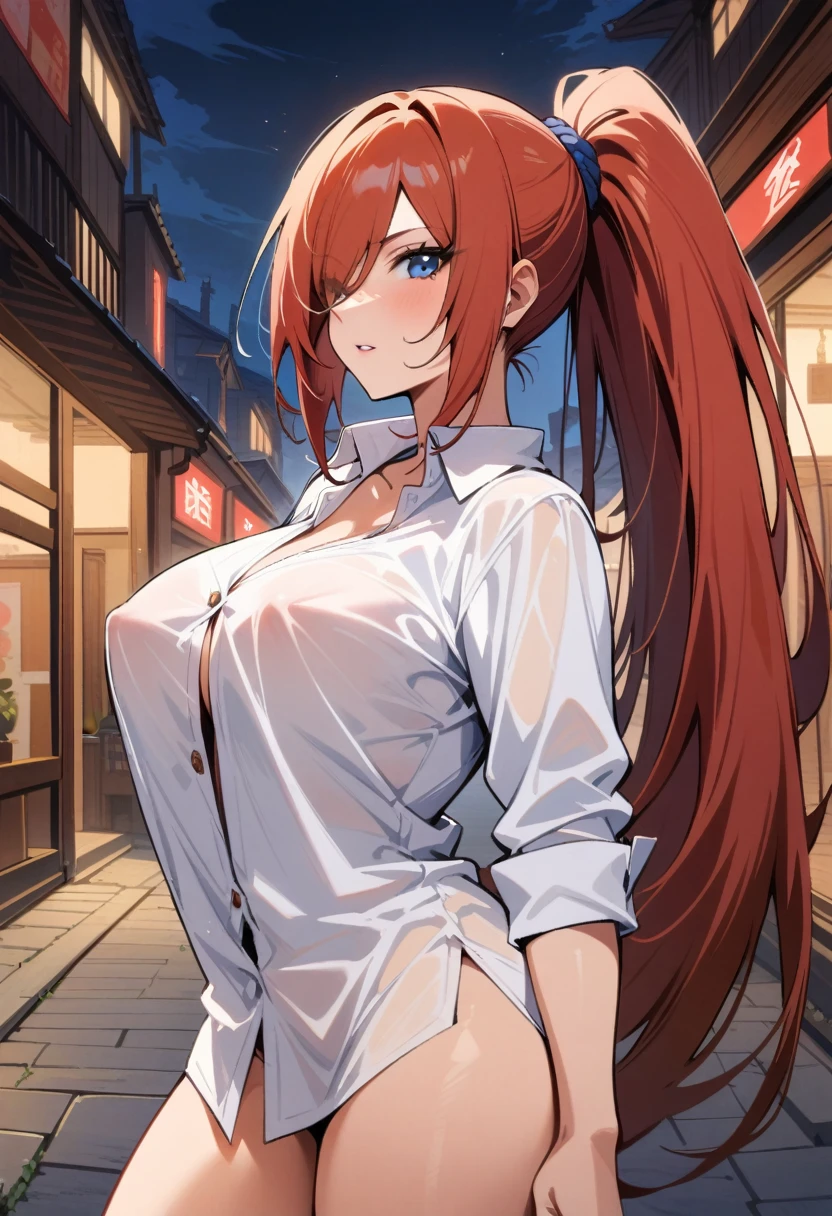 masterpiece, best quality, very aesthetic, absurdres, newest,1girl,naked_shirt, covered_nipples, ,terumi_mei, naruto_(series), naruto_shippuuden, 1girl, Brownish_Red_Hair, hair_over_one_eye, large_breasts, high ponytail,long_hair, very_long_hair,,,in a plaza