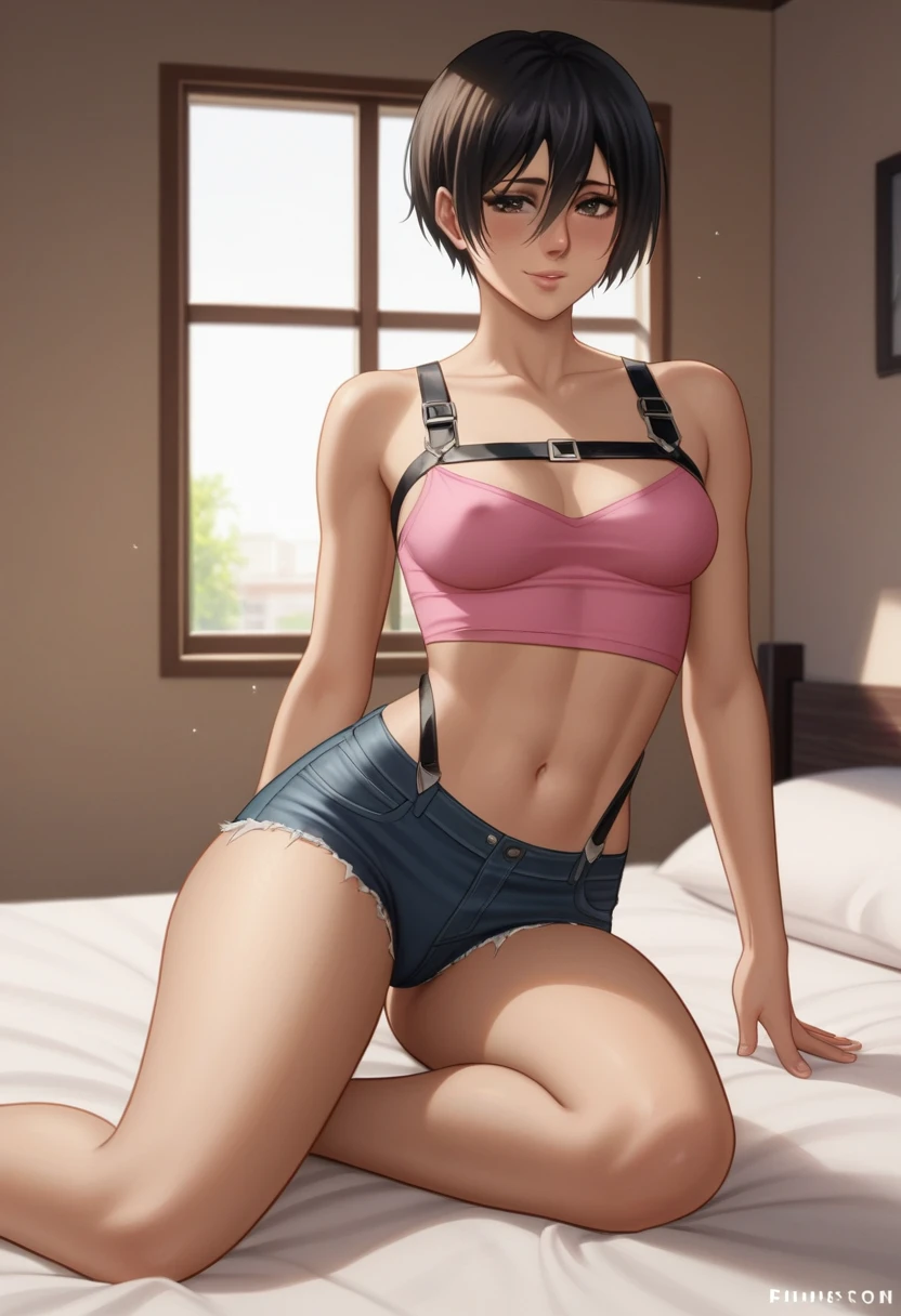 score_9_up, score_8_up, score_7_up, 1girl, solo, mature female, ((Mikasa Ackerman)), ((black very short hair)), ((black pixie cut)), black eyes, pink lips, fit slim body,(((perfect erected medium breast))) (((pink tight short top, tight jean shorts, black harness))), (((highly detailed bedroom, window, bed))), perfect fit model body, wide hips, shy smile, seductive pose