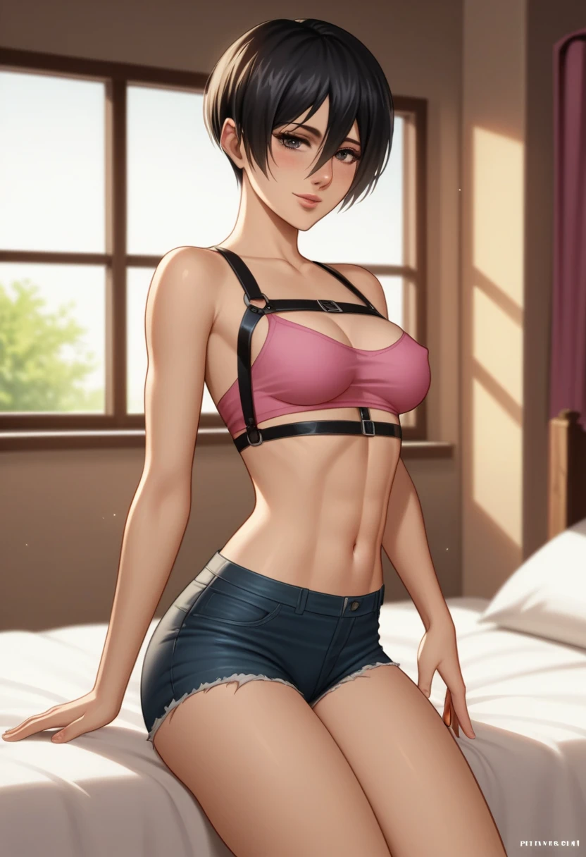 score_9_up, score_8_up, score_7_up, 1girl, solo, mature female, ((Mikasa Ackerman)), ((black very short hair)), ((black pixie cut)), black eyes, pink lips, fit slim body,(((perfect erected medium breast))) (((pink tight short top, tight jean shorts, black harness))), (((highly detailed bedroom, window, bed))), perfect fit model body, wide hips, shy smile, seductive pose