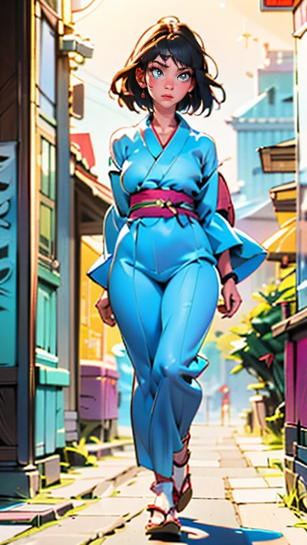 a beautiful young woman in a traditional japanese yukata walking down a street in tokyo, japan with japanese signs and shop fronts, highly detailed, 4k, photorealistic, warm lighting, vibrant colors, beautiful detailed eyes, beautiful detailed lips, extremely detailed face, long eyelashes, cinematic, masterpiece, 4k, ultra realistic, fullbody