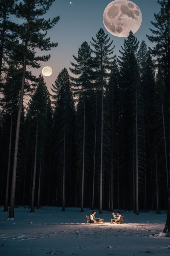 Create a plan, with a beautiful night where you can understand what Clair de lune by Debussy is being played, In the middle of the forest, no trees pointing to the moon