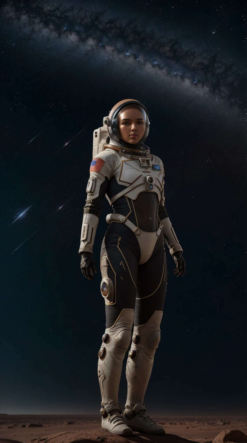 a woman in a futuristic spacesuit, astronaut helmet, standing on Martian rocks, twinkling stars in the distant sky, (best quality, 4k, 8k, highres, masterpiece:1.2), ultra-detailed, realistic, photorealistic, photo-realistic:1.37, HDR, UHD, studio lighting, ultra-fine painting, sharp focus, physically-based rendering, extreme detail description, professional, vivid colors, bokeh, science fiction, concept art