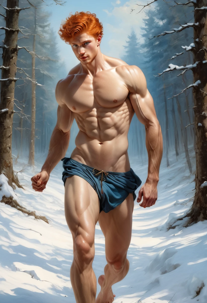 1 man running in the winter forest, by Aaron Horkey and Jeremy Mann, masterpiece, best quality, Photorealistic, ultra-high resolution, photographic light, illustration by MSchiffer, fairytale, Hyper detailed A mixture of photography and painting, Composition of Perfect Divine Proportione, 8k resolution fullbody image,(( view from behind)) full body, oil painting A young man, white skin, ginger, barbed, hairy body, thin face, straight nose, thin lips, square chin, large light blue eyes, short red wavy hair, in roberto ferri style, aesthetic slim athletic body, ginger realistic skin, gorgeous, detailed tonned muscles, barefoot, perfect anatomy, muscled fitness body, in caravagio+rubens+rembrant art style. Young man, perfect anatomy, , energetic splendid, Barefoot, naked, small flacid penis, slim and detailed muscles, shirtless, pantless, fullbody, wearing sandals, the composition of shadows and lights give an atmosphere of spaciousness, he is a spartan soldier running on the winter forest , barefoot, perfect detailed feet, relaxed body lenguaje, relaxed face expresion. in the backgroound, forest in winter