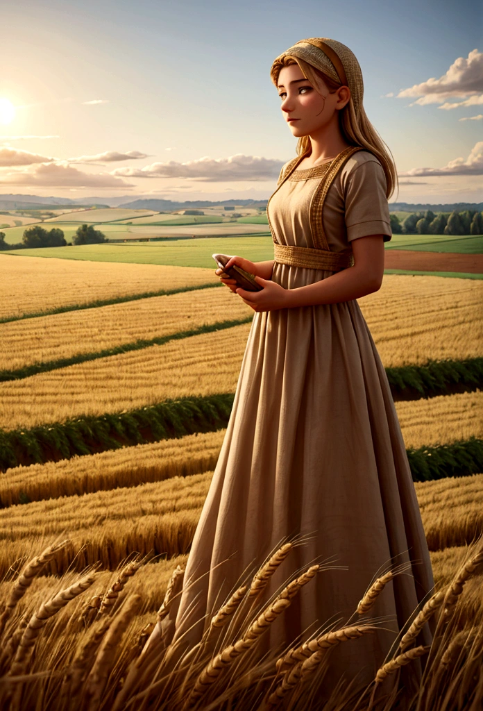 Field of Boaz, as described in the scriptures, a wheat harvest takes place at the bottom of the scene, a fertile field full of the most beautiful nature, with workers dressed according to the season and the calm setting and the sun that gives a special touch to the scene