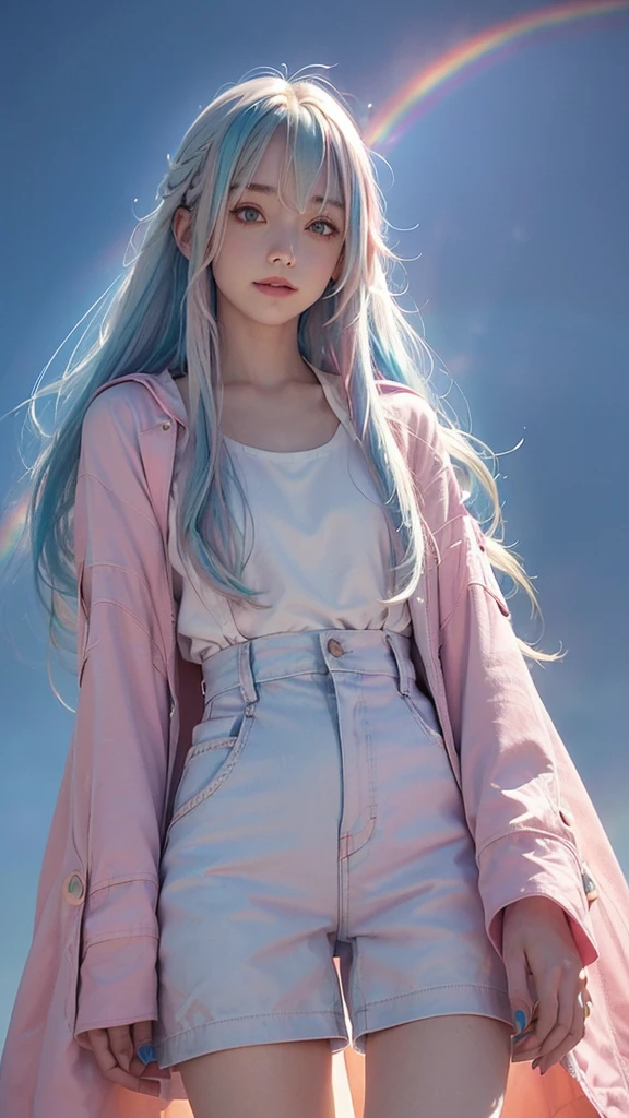 Background,(((blue Sky))) with a((( rainbow,)))(((from below,))) 20-year-old woman,smile,((( Platinum-coloured hair, Medium length hair,Hair with pink gradation at the ends,))) ((pale red eyes,)) Dark Theme, Calm tone, Calm colors, High Contrast, (Natural skin texture, Hyperrealism, Soft Light, sharp)smile,Large size white raincoat, shorts