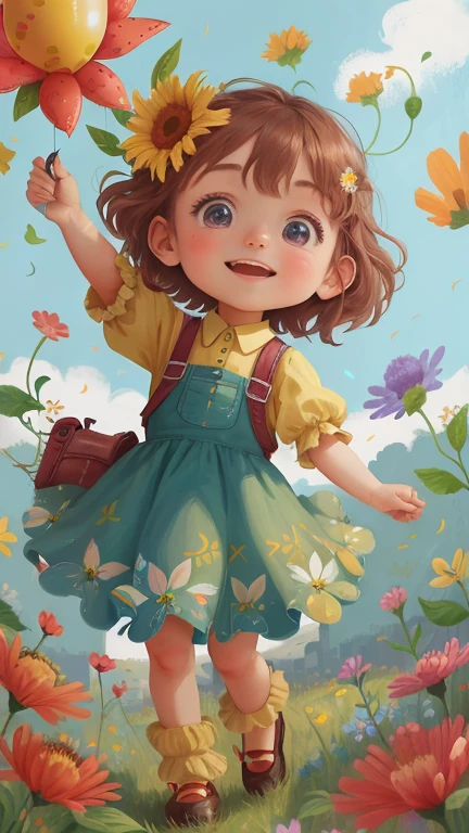 A girl tenant des fleurs, colorful balloons floating in the sky, prairie, dancing, tenant des fleurs, blissful, blissful, perfect quality, Mise au point claire (Clutter-Maison: 0.8), (head of&#39;artwork: 1.2) (realistic: 1.2) (bokeh) (best quality) (detailed skin: 1.3) (intricate details) (8K) (detail eyes) (sharpness), (blissful)