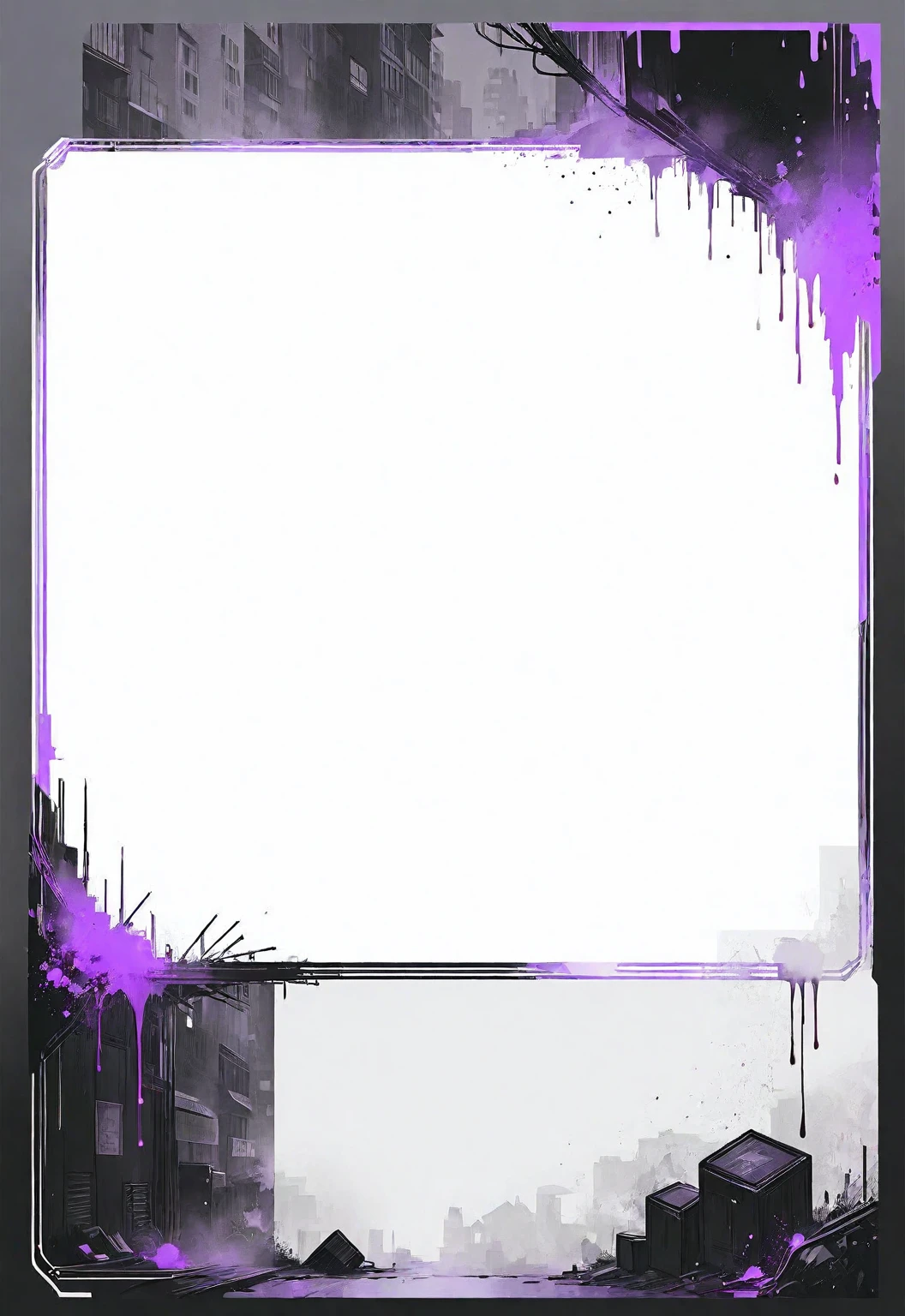 A card border UI,Modern urban minimalist style,Suspense style,Profile Style。Leave a square blank space in the middle,Parchment backing,There are blood stains on it。Black and White、yellowish、Lilac main color。