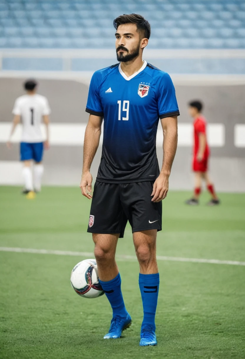 A football player from a national team with a blue uniform and black shorts
