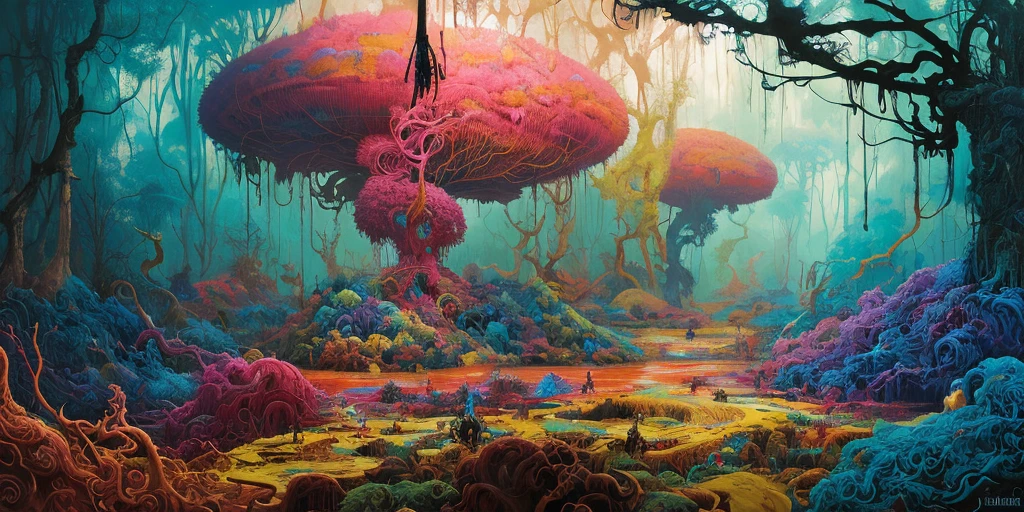 surreal lush forest mixed media, a (Paul Lehr Bernie Fuchs) magical fantasy designed, vivid colours, cryptic, mystical, flowing organic pop surrealism by james jean, roby dwi antono, ross tran, steven kenny, paul neberra, ashley wood, atmospheric, trending on artstation. 8 k masterpiece, fluid, filigree, smoke,