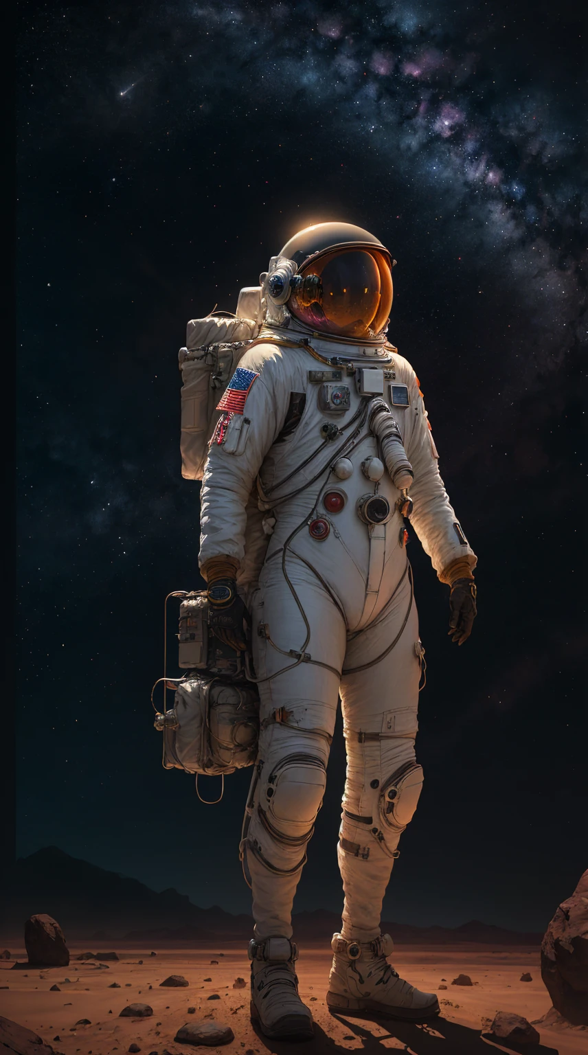 a woman in a futuristic spacesuit, astronaut helmet, standing on Martian rocks, twinkling stars in the distant sky, (best quality, 4k, 8k, highres, masterpiece:1.2), ultra-detailed, realistic, photorealistic, photo-realistic:1.37, HDR, UHD, studio lighting, ultra-fine painting, sharp focus, physically-based rendering, extreme detail description, professional, vivid colors, bokeh, science fiction, concept art