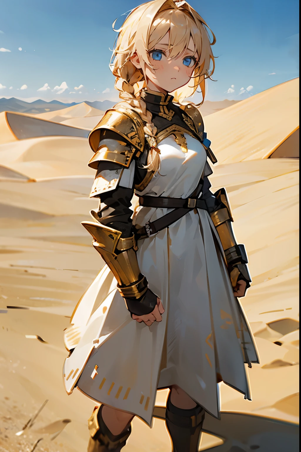 1Female, Messy Blonde Hair, White Dress, Braided Hair, Golden and Black Armor, Combat Clothing, Blue Eyes, Calm Expression, Athletic, Healer, Young Adult, Desert Background, Standing on Sand Dunes