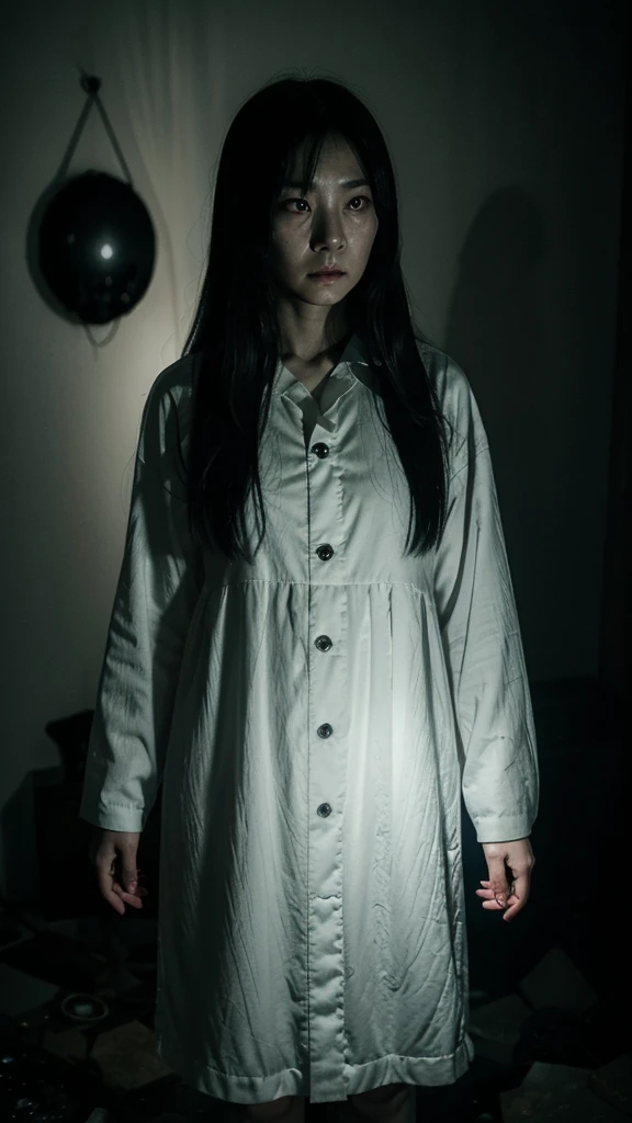 Sadako, japanese ghost, ghost story, horror vision, horror movie, dark ambient horror movie light effect, ghost eyes, spooky face, dirty ghost dress, angry ghost