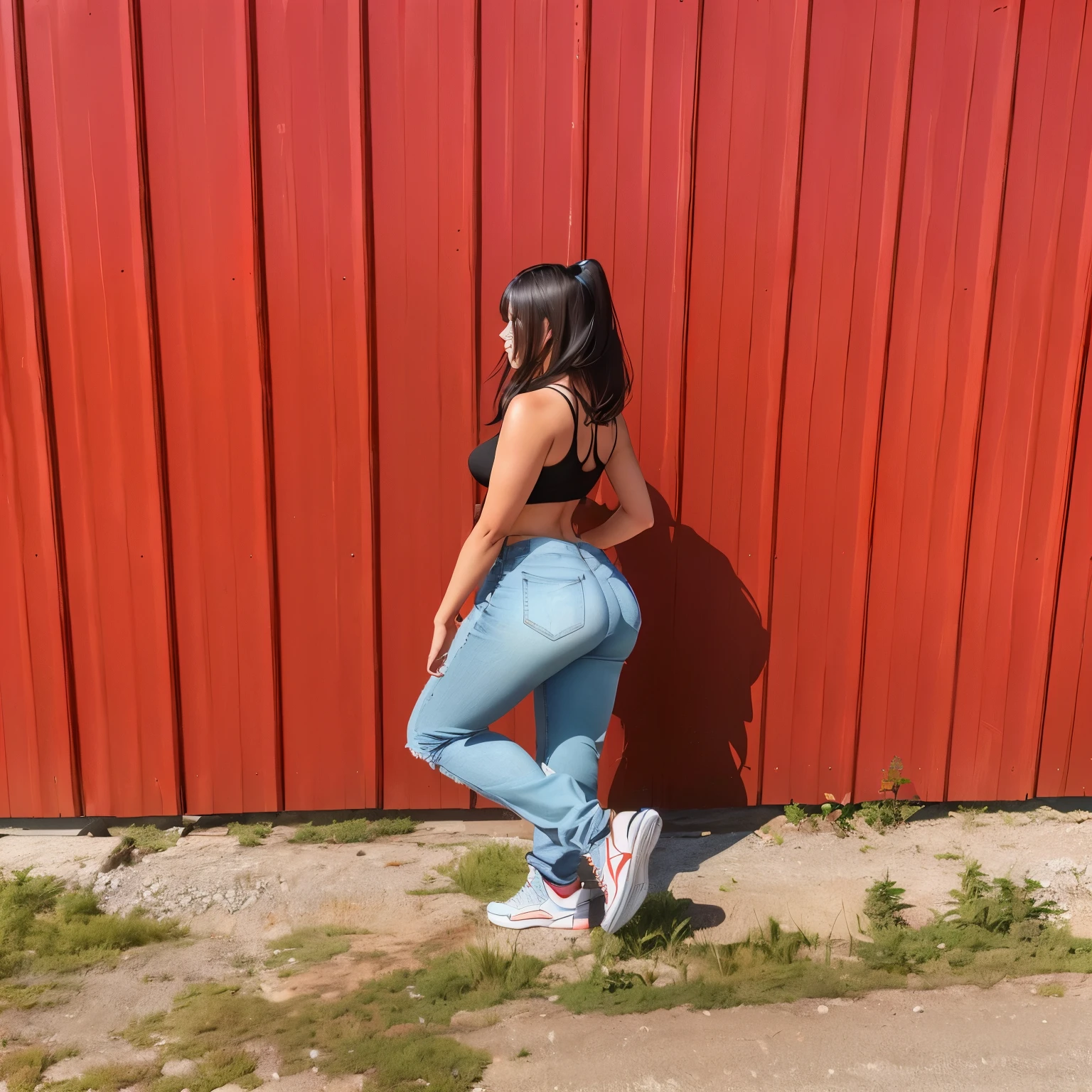 Girl with perfect ass in jeans and sneakerscasual pose, side pose, next to a red barn, back pose, looking off to the side, full growth from the back, long shot from the back, mid body shot, shot from the back