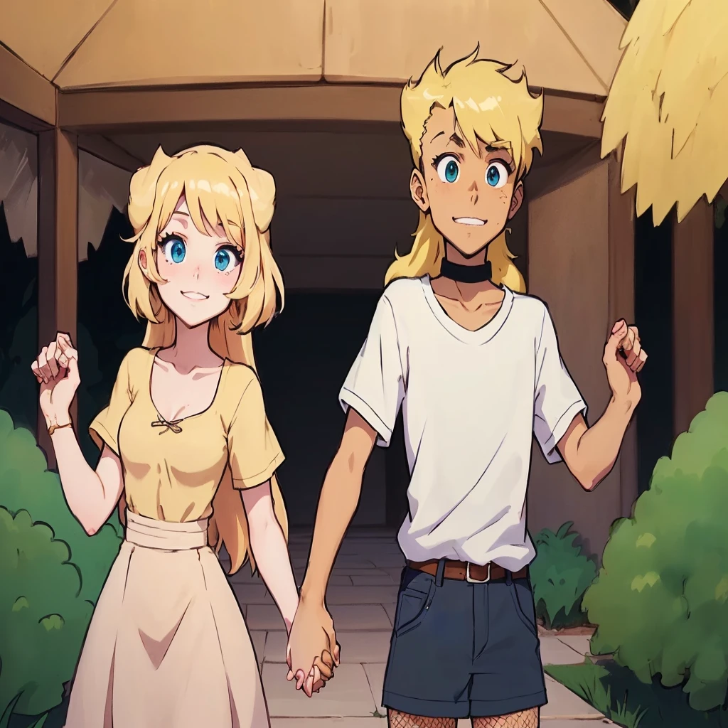 anime - style picture of a couple of young people walking in front of a house, loish |, in the art style of 8 0 s anime, official fanart, high quality fanart, holding hands, genderswap, official art, detailed fanart, they are siblings, cel - shaded art style, loish van baarle, sunset!, holding hands in the moonlight, DETAILED, 4K, 8K, FOCUS FACE, FACE CLEAR, CLEAN, CLEAN LINES