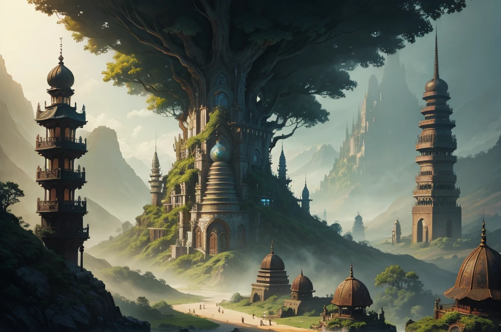 oriental city on the rainforest, upper look, dark concept art, fantasy illustration, dark fantasy artwork, artwork, painting, fantasy concept art, landscape,