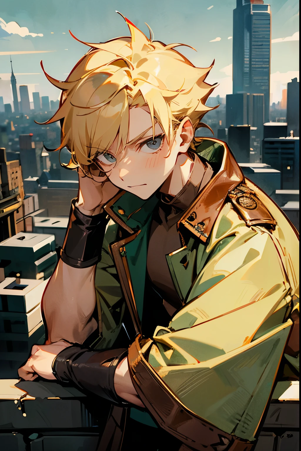 1Male, Blonde Hair, Brown Leather Jacket, Spiky Hair, Green and White Robe, Casual Clothing, Grey Eyes, Mischievous Expression, Lean, Scout, ager, Cityscape Background, Leaning against a Wall.