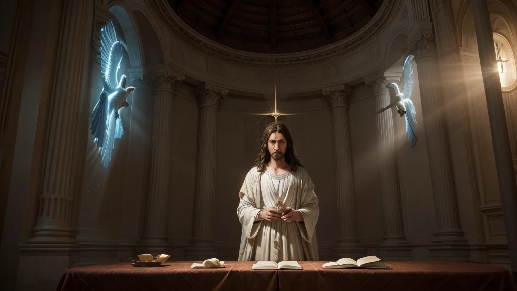 Description: Photorealistic image illustrating God, Jesus, and the Holy Spirit together, with Jesus standing beside God, both surrounded by a radiant, divine light, and the Holy Spirit depicted as a glowing dove above them. The scene is set in a serene, celestial landscape, with an atmosphere of peace and divine presence.
Image Type: Photorealistic
Art Styles: Hyperrealism, Spiritual Art, Biblical Art
Inspirations: Caravaggio, Rembrandt, Michelangelo
Camera: Wide-angle shot, high resolution
Shot: Group shot, centered composition
Render: Ultra-detailed, 8K resolution
Lighting: Soft, glowing, heavenly light
Environment/Background: Celestial landscape, divine aura, serene atmosphere
Keywords: God, Jesus, Holy Spirit, divine light, inspirational energy