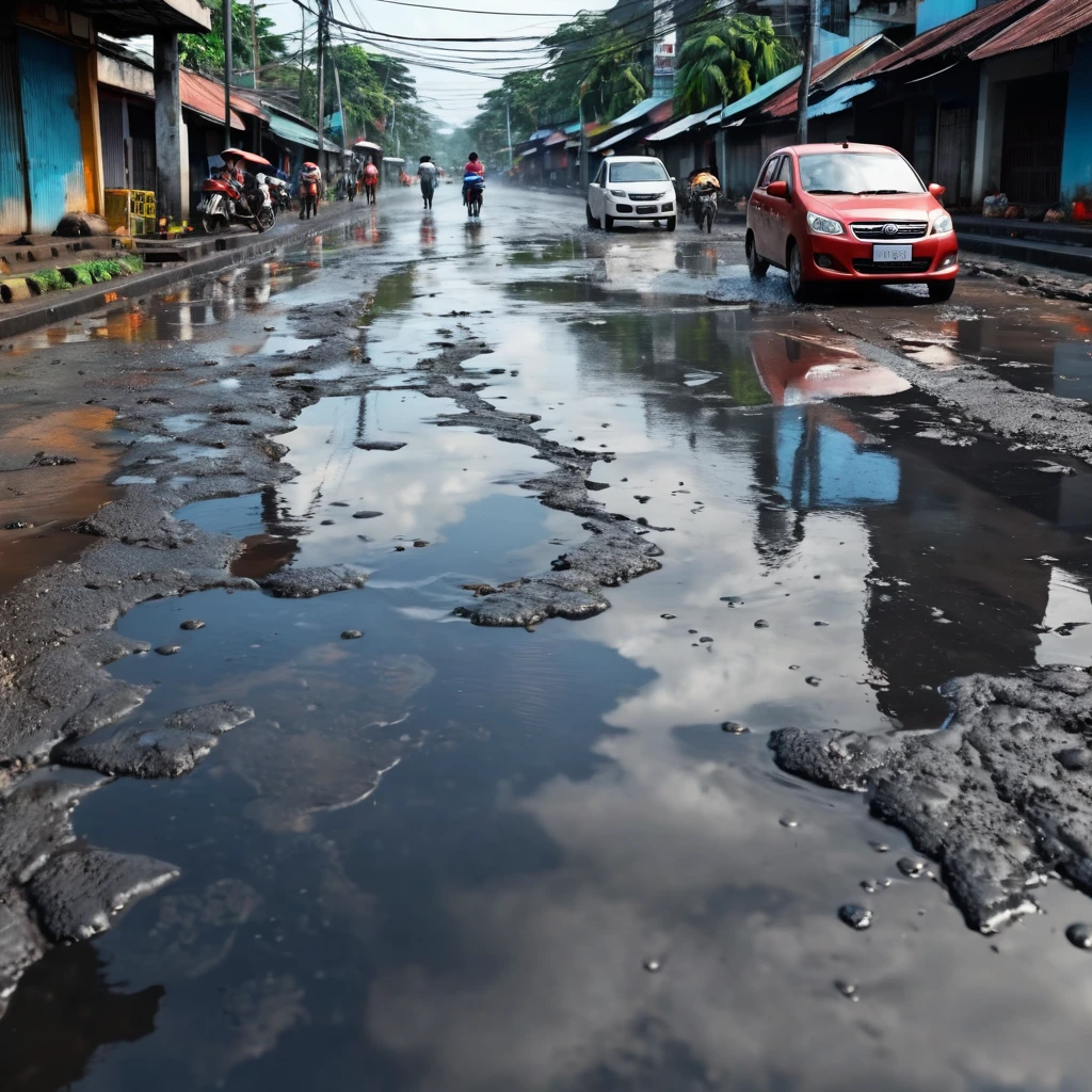 An indonesian city road with halted traffic, big deep potholes in the road, potholes filled with rainy water, poor people on road around potholes, ultra realistic image, 4K, high resolution
