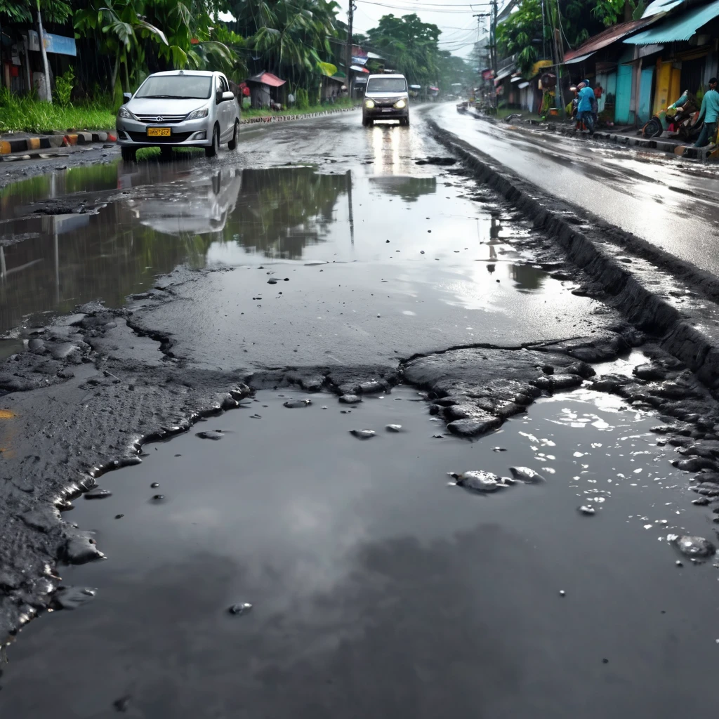 An indonesian city road with halted traffic, big deep potholes in the road, potholes filled with rainy water, poor people on road around potholes, ultra realistic image, 4K, high resolution
